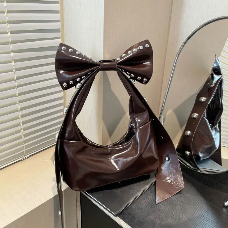 Brown Rivet Bow Shoulder Bag for Women - Image 4