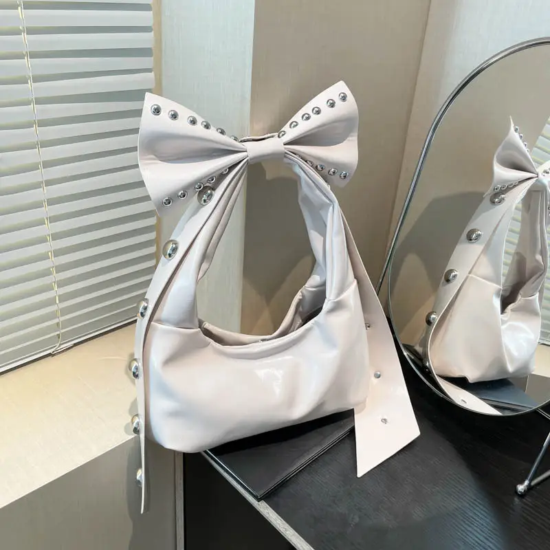 Brown Rivet Bow Shoulder Bag for Women - Image 5