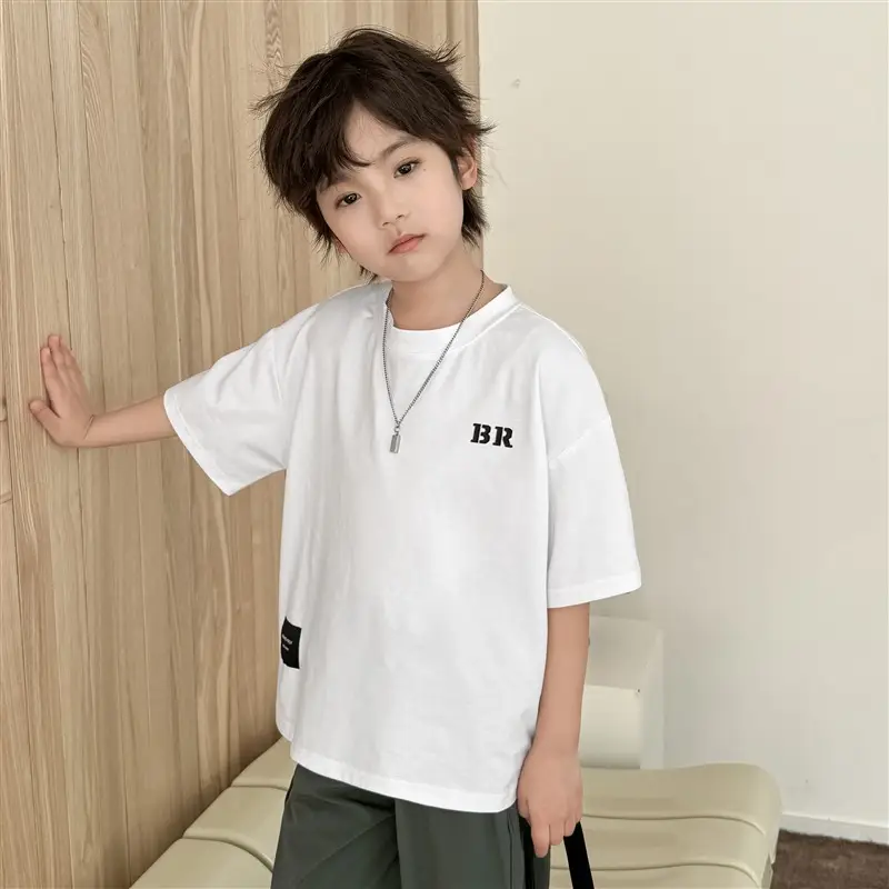 Kids White Short Sleeve T-Shirt Korean Style Ice Silk Cotton - Image 2