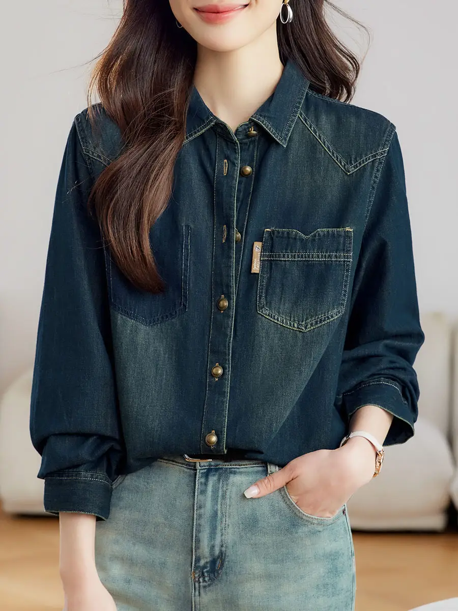 Dark Blue Denim Shirt Women 2026 Spring Autumn Vintage Distressed