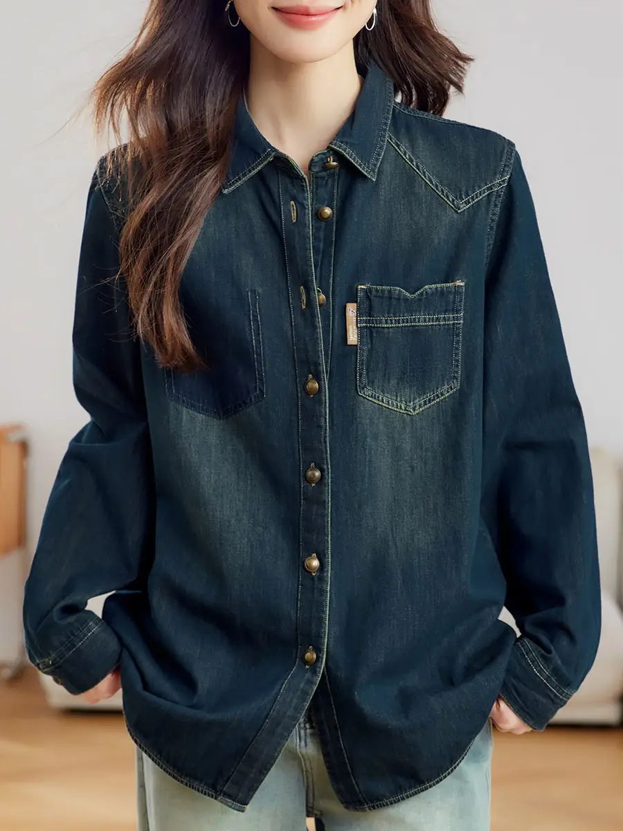 Dark Blue Denim Shirt Women 2026 Spring Autumn Vintage Distressed