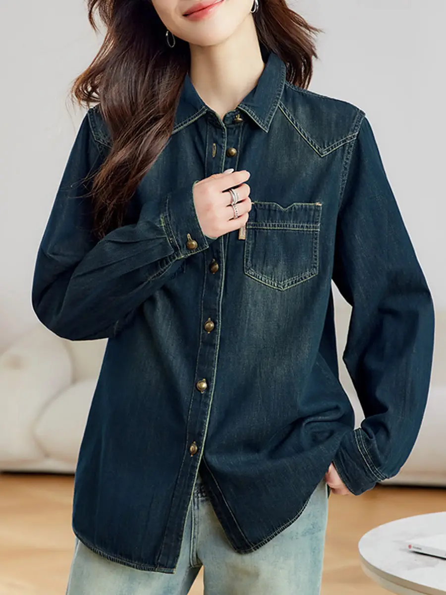 Dark Blue Denim Shirt Women 2026 Spring Autumn Vintage Distressed
