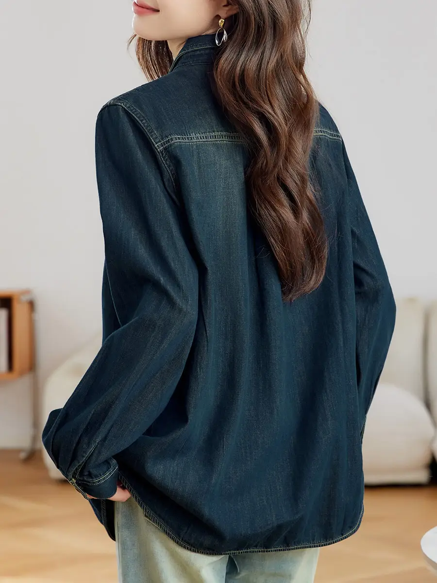 Dark Blue Denim Shirt Women 2026 Spring Autumn Vintage Distressed