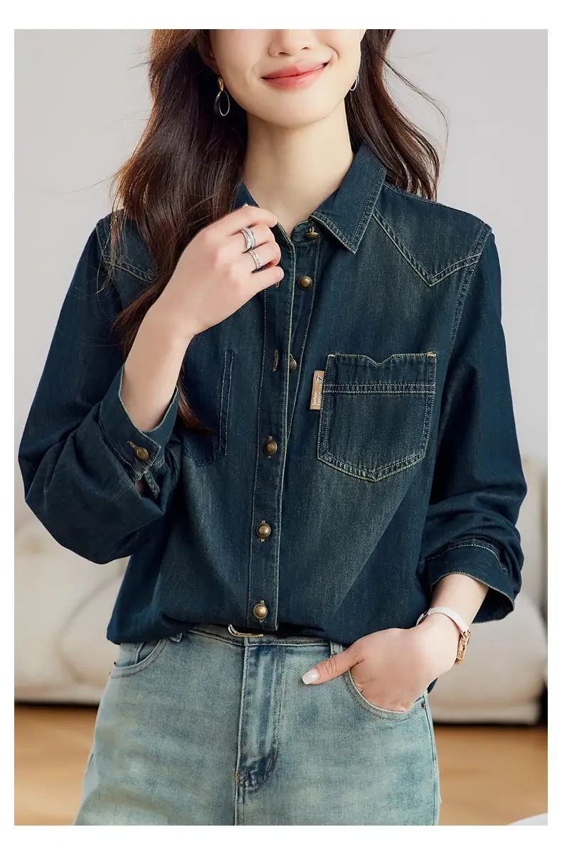 Dark Blue Denim Shirt Women 2026 Spring Autumn Vintage Distressed — feature 10