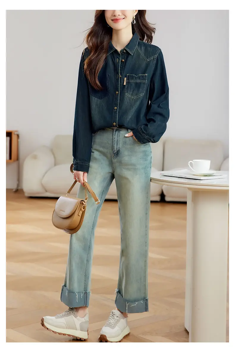Dark Blue Denim Shirt Women 2026 Spring Autumn Vintage Distressed — feature 11