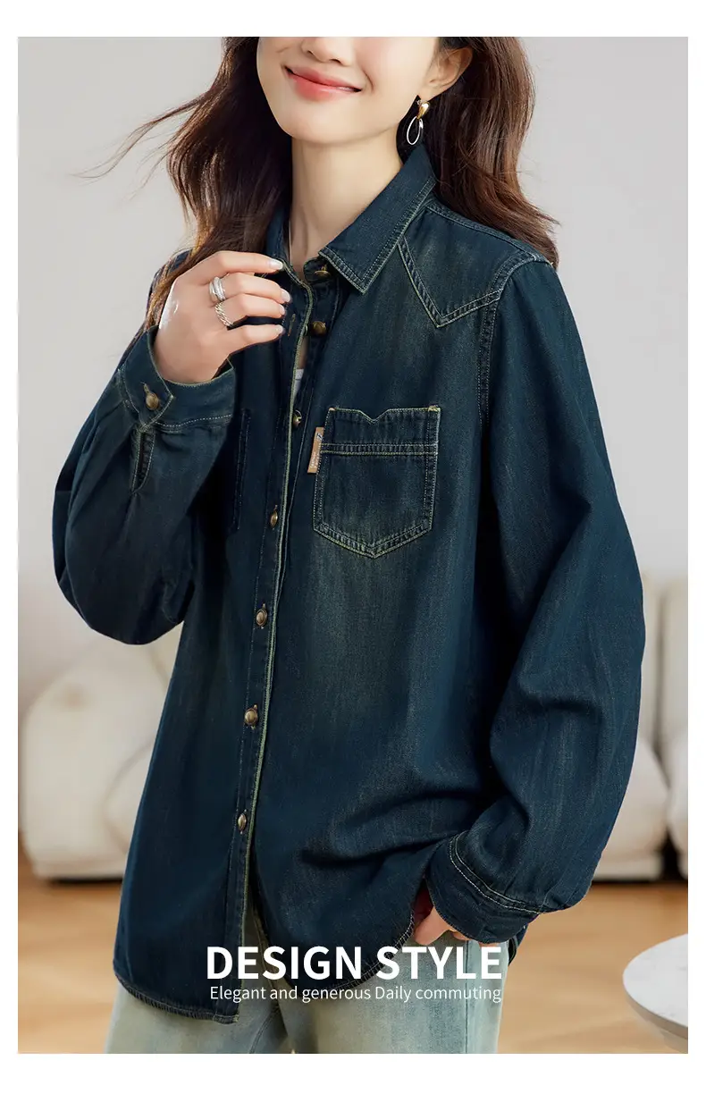 Dark Blue Denim Shirt Women 2026 Spring Autumn Vintage Distressed — feature 12