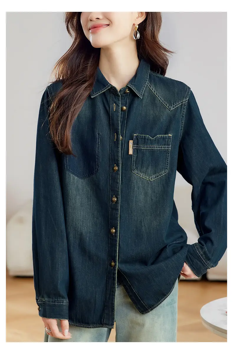 Dark Blue Denim Shirt Women 2026 Spring Autumn Vintage Distressed — feature 13