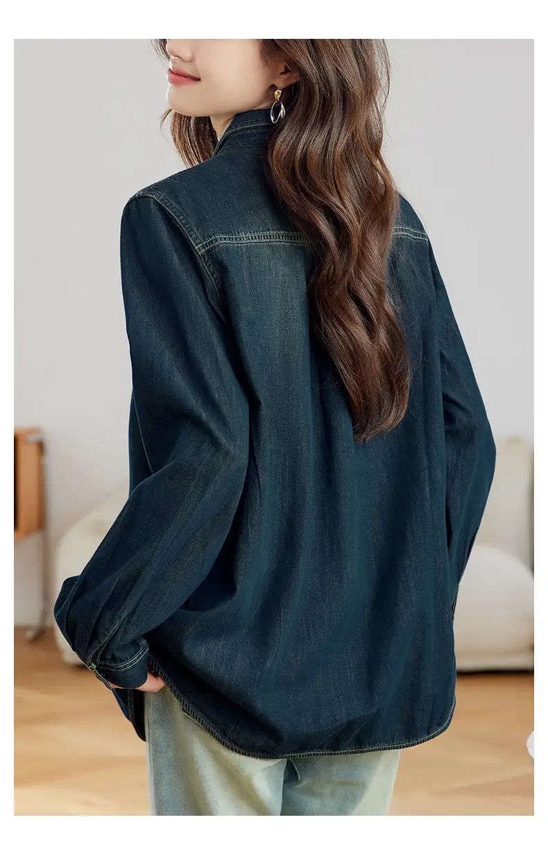 Dark Blue Denim Shirt Women 2026 Spring Autumn Vintage Distressed — feature 14