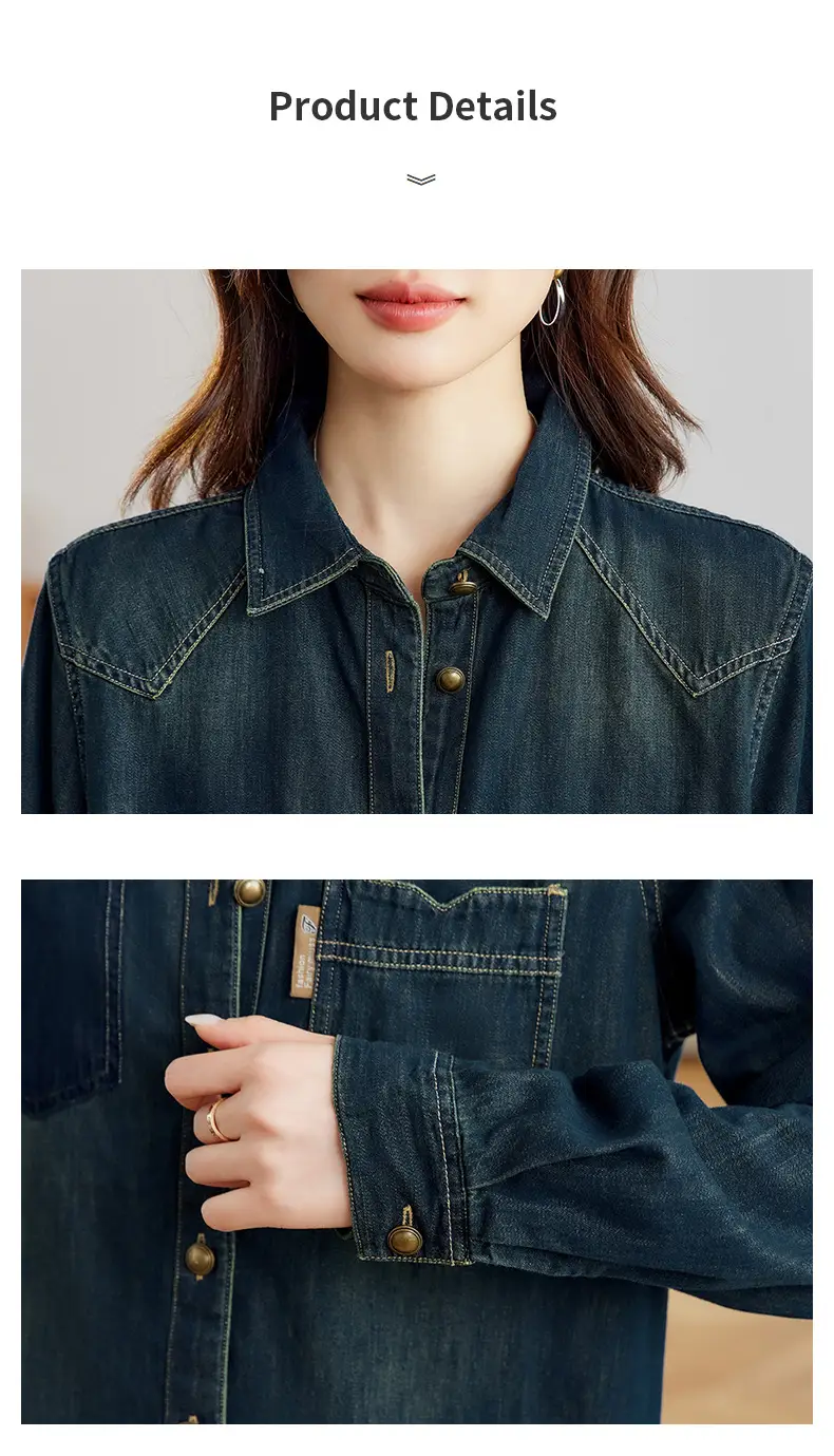 Dark Blue Denim Shirt Women 2026 Spring Autumn Vintage Distressed — feature 15