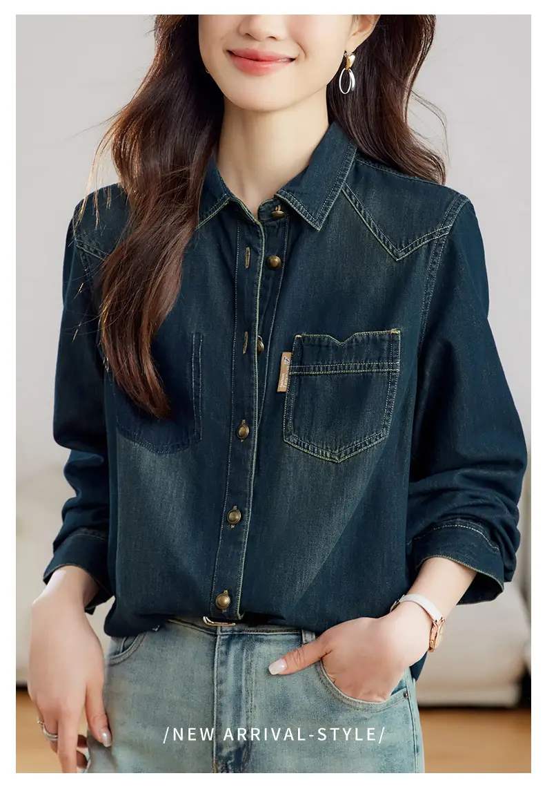 Dark Blue Denim Shirt Women 2026 Spring Autumn Vintage Distressed — feature 3