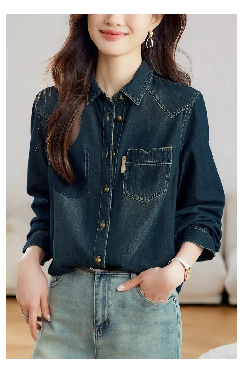 Dark Blue Denim Shirt Women 2026 Spring Autumn Vintage Distressed — feature 9