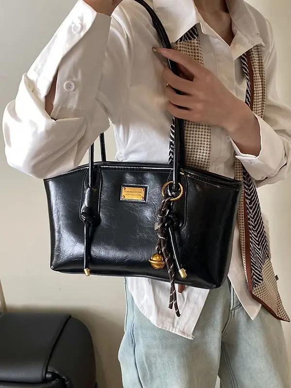 Black Leather Shoulder Tote Bag for Women 2025 - Image 11