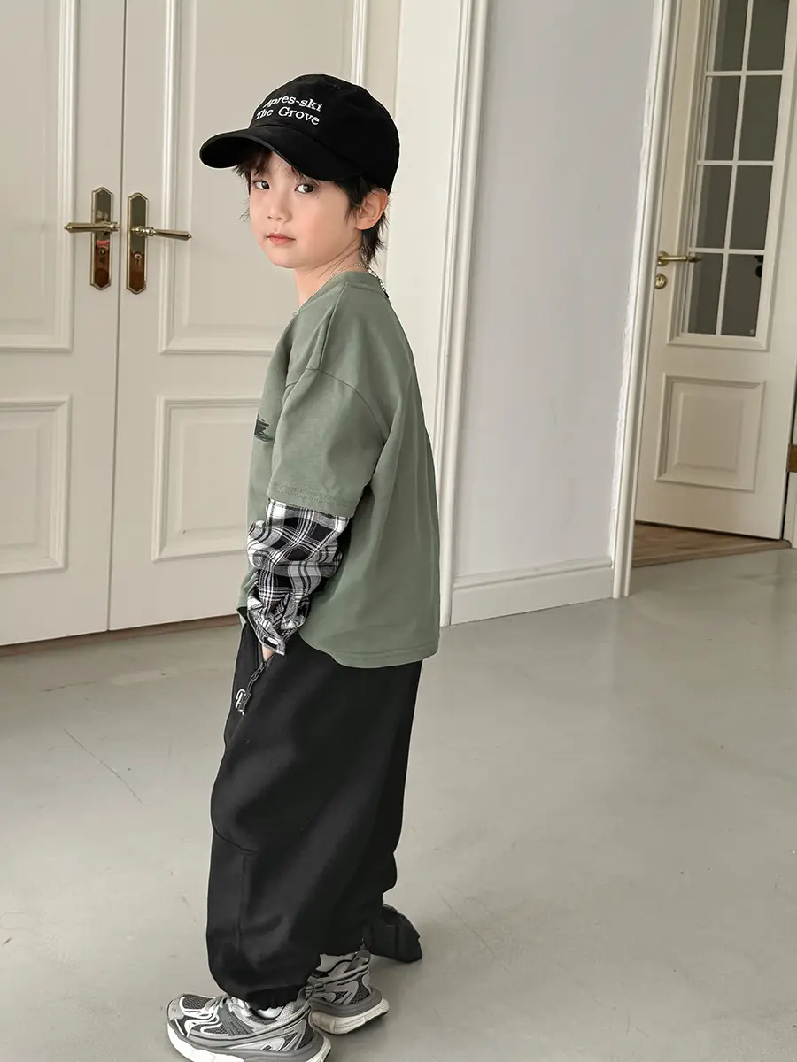 Haima Boys Pure Cotton Long Sleeve T-Shirt Green Plaid - Image 4