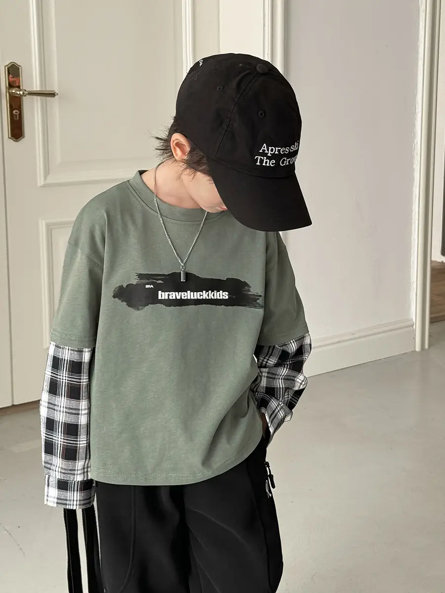 Haima Boys Pure Cotton Long Sleeve T-Shirt Green Plaid - Image 5