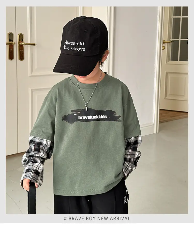 Haima Boys Pure Cotton Long Sleeve T-Shirt Green Plaid — feature 2