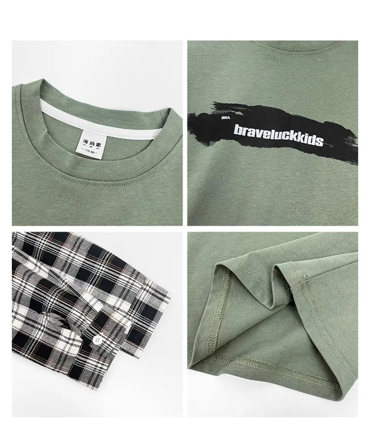 Haima Boys Pure Cotton Long Sleeve T-Shirt Green Plaid — feature 5