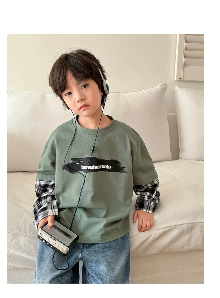 Haima Boys Pure Cotton Long Sleeve T-Shirt Green Plaid — feature 9