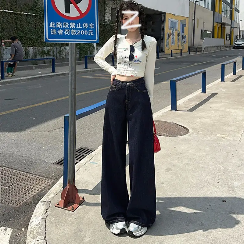 Dark Blue Wide Leg Jeans for Women 2025 Korean Style