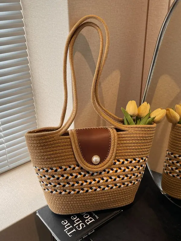 Woven Straw Bag with Pearl Handle for Women - Image 4