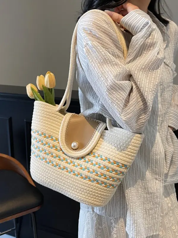 Woven Straw Bag with Pearl Handle for Women - Image 5