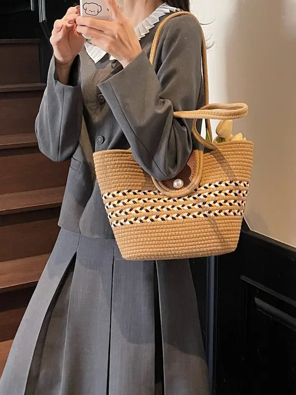 Woven Straw Bag with Pearl Handle for Women - Image 6