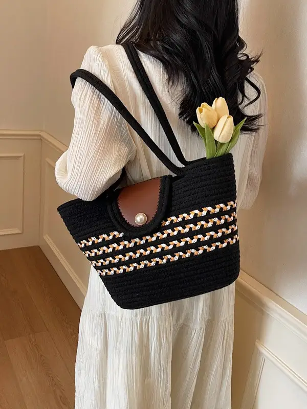 Woven Straw Bag with Pearl Handle for Women - Image 7