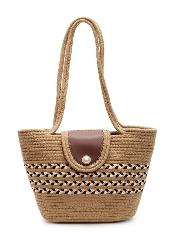 Woven Straw Bag with Pearl Handle for Women - Image 8