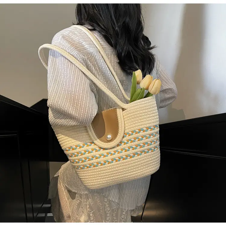 Woven Straw Bag with Pearl Handle for Women — feature 12