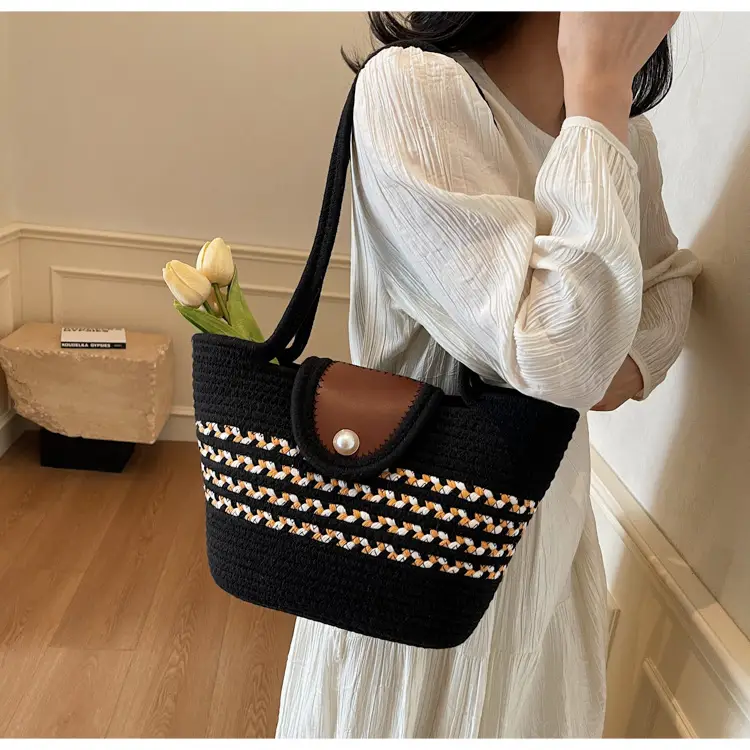 Woven Straw Bag with Pearl Handle for Women — feature 13