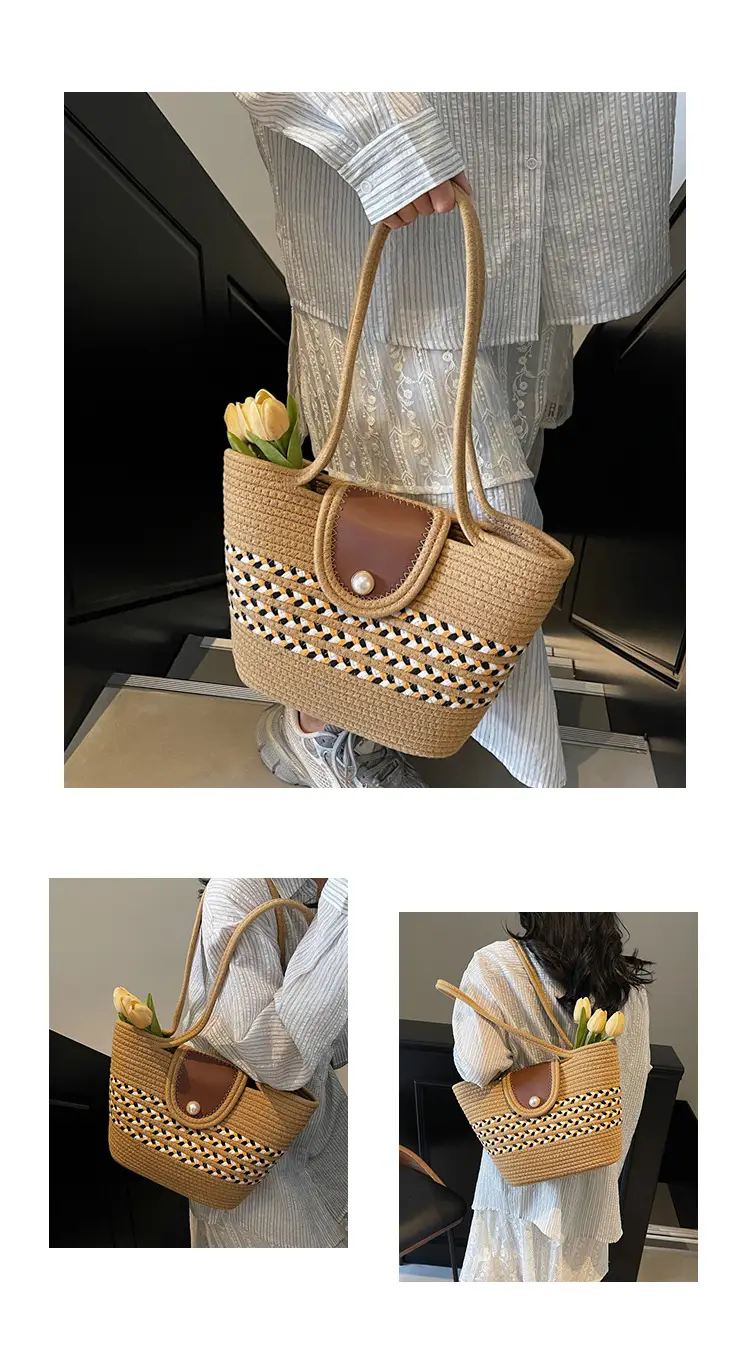 Woven Straw Bag with Pearl Handle for Women — feature 16