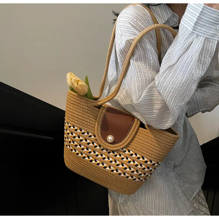 Woven Straw Bag with Pearl Handle for Women — feature 7