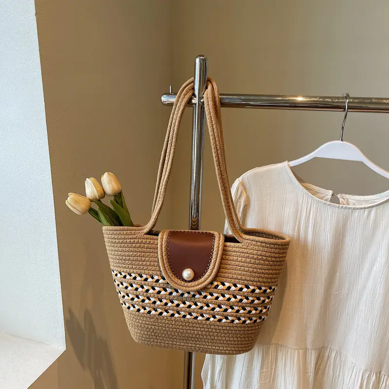 Woven Straw Bag with Pearl Handle for Women - Image 2