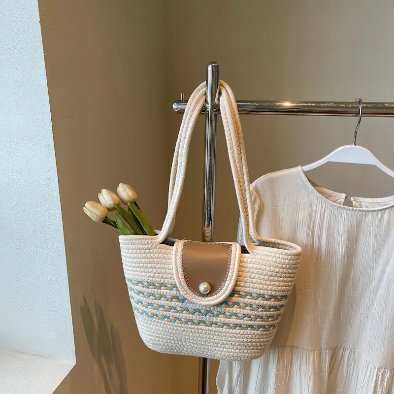 Woven Straw Bag with Pearl Handle for Women - Image 3