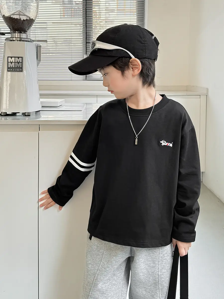 Kids Pure Cotton Long Sleeve T-Shirt Black White Stripes