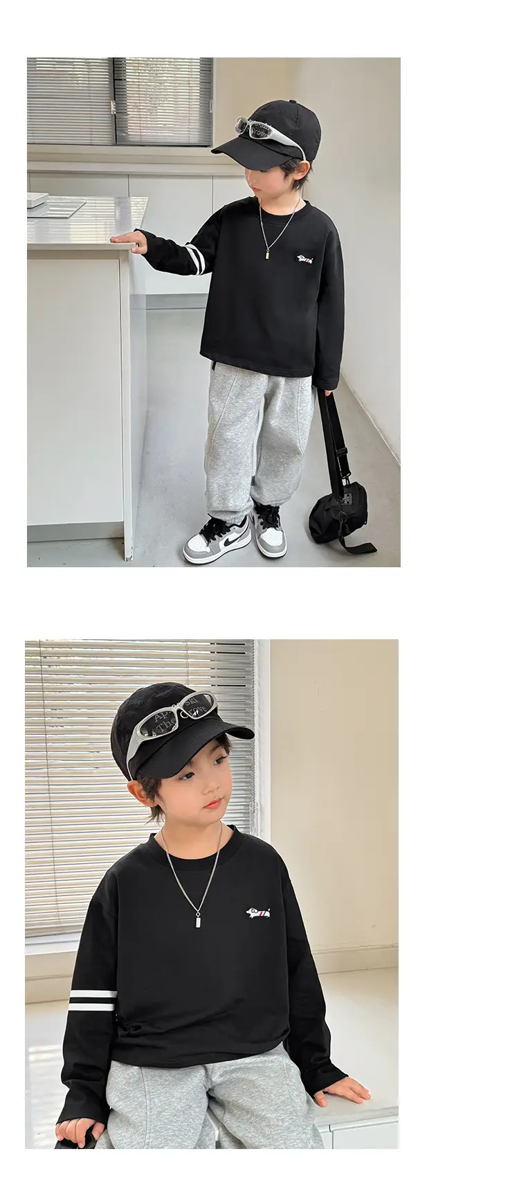Kids Pure Cotton Long Sleeve T-Shirt Black White Stripes — feature 10