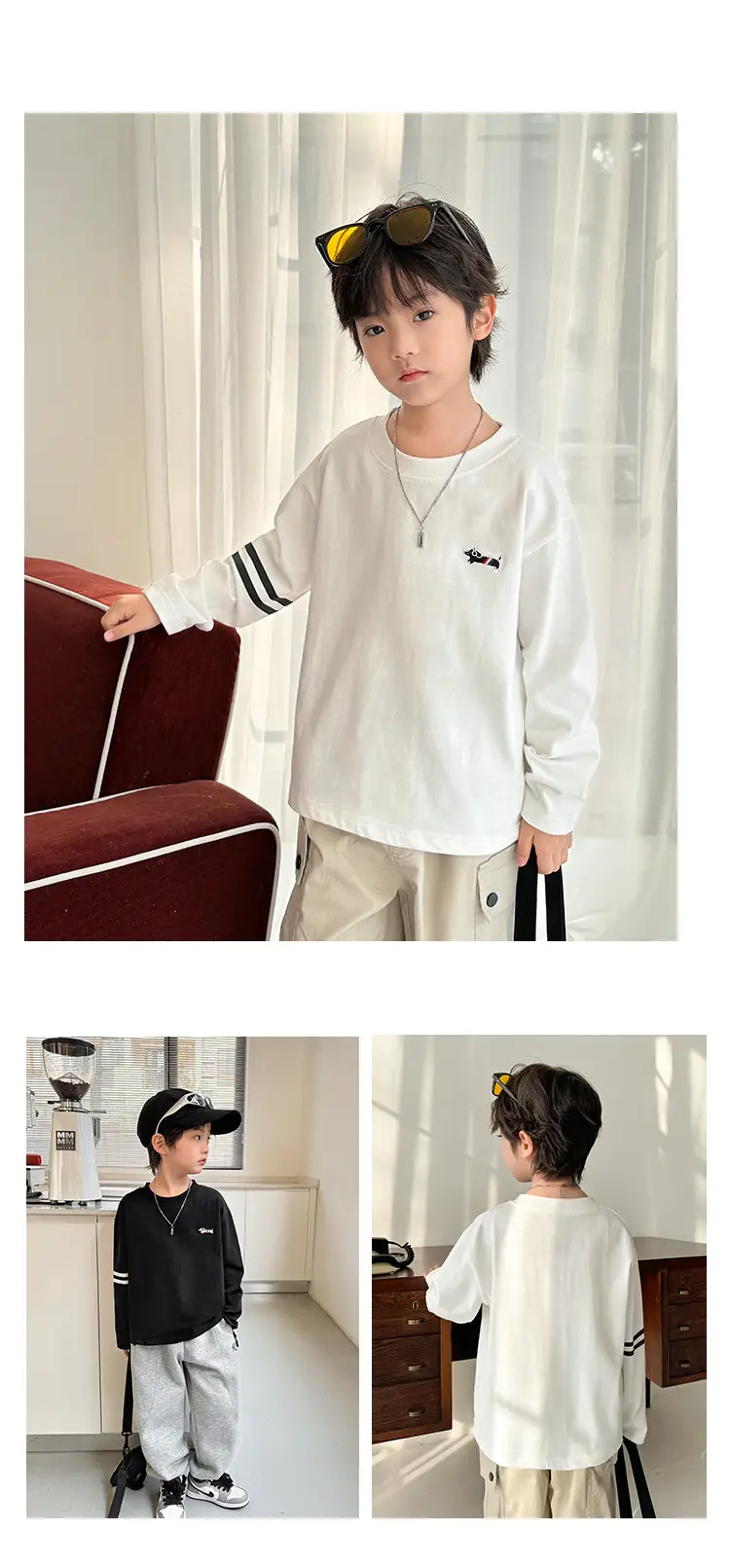 Kids Pure Cotton Long Sleeve T-Shirt Black White Stripes — feature 8