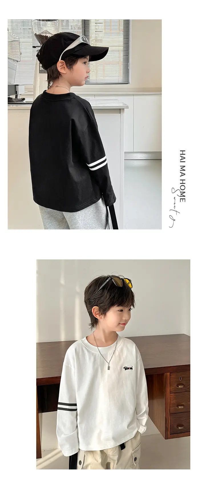 Kids Pure Cotton Long Sleeve T-Shirt Black White Stripes — feature 9