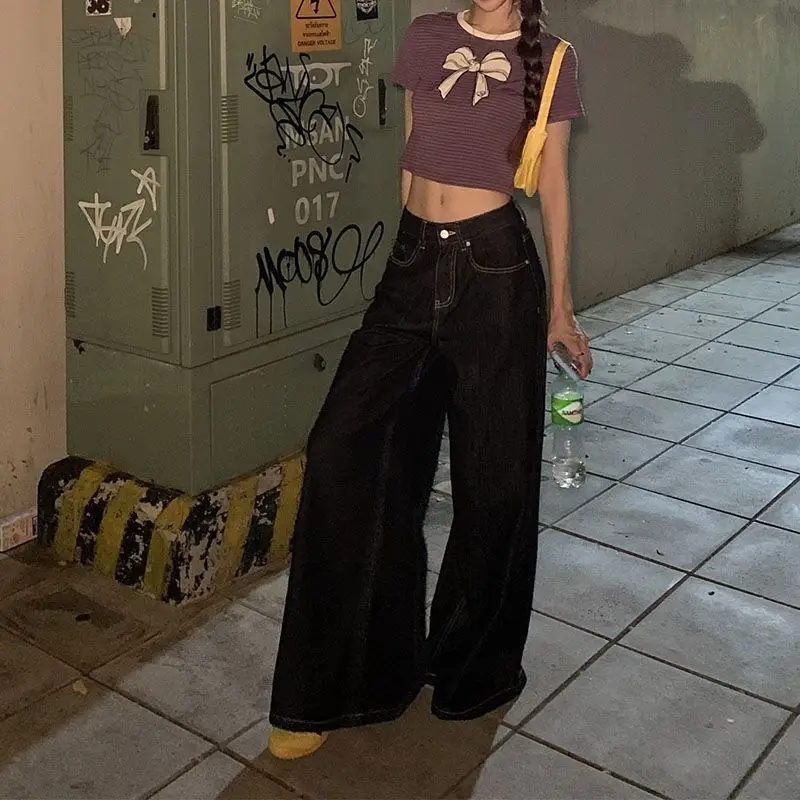 Women Dark Blue Wide Leg Denim Pants Korean Style