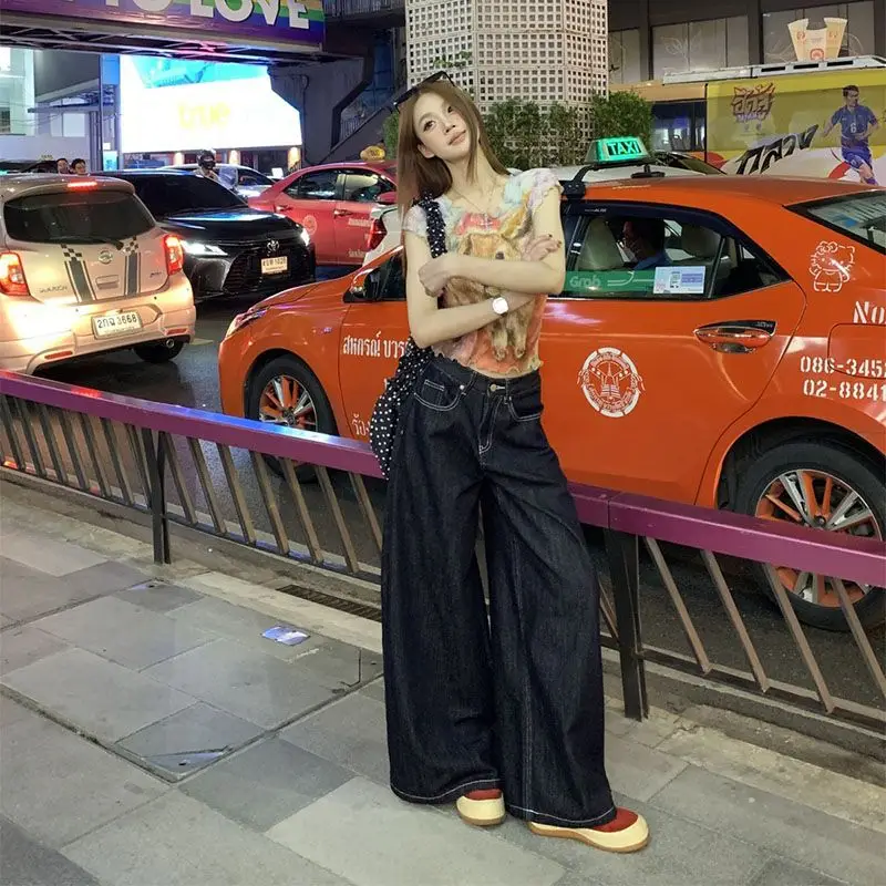 Women Dark Blue Wide Leg Denim Pants Korean Style