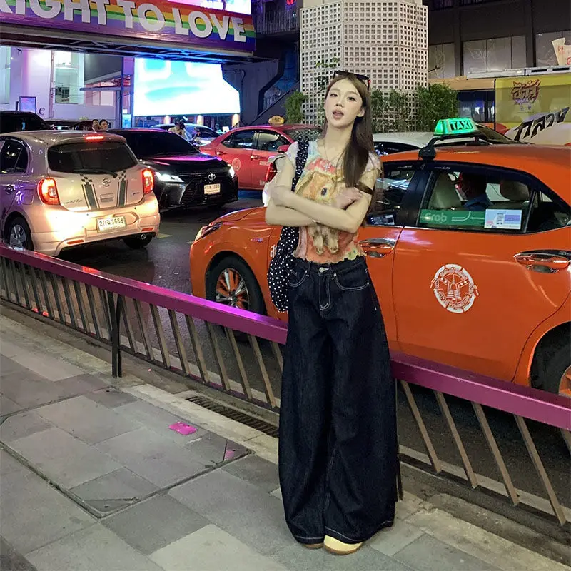 Women Dark Blue Wide Leg Denim Pants Korean Style