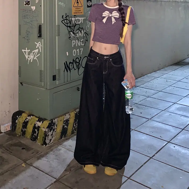 Women Dark Blue Wide Leg Denim Pants Korean Style