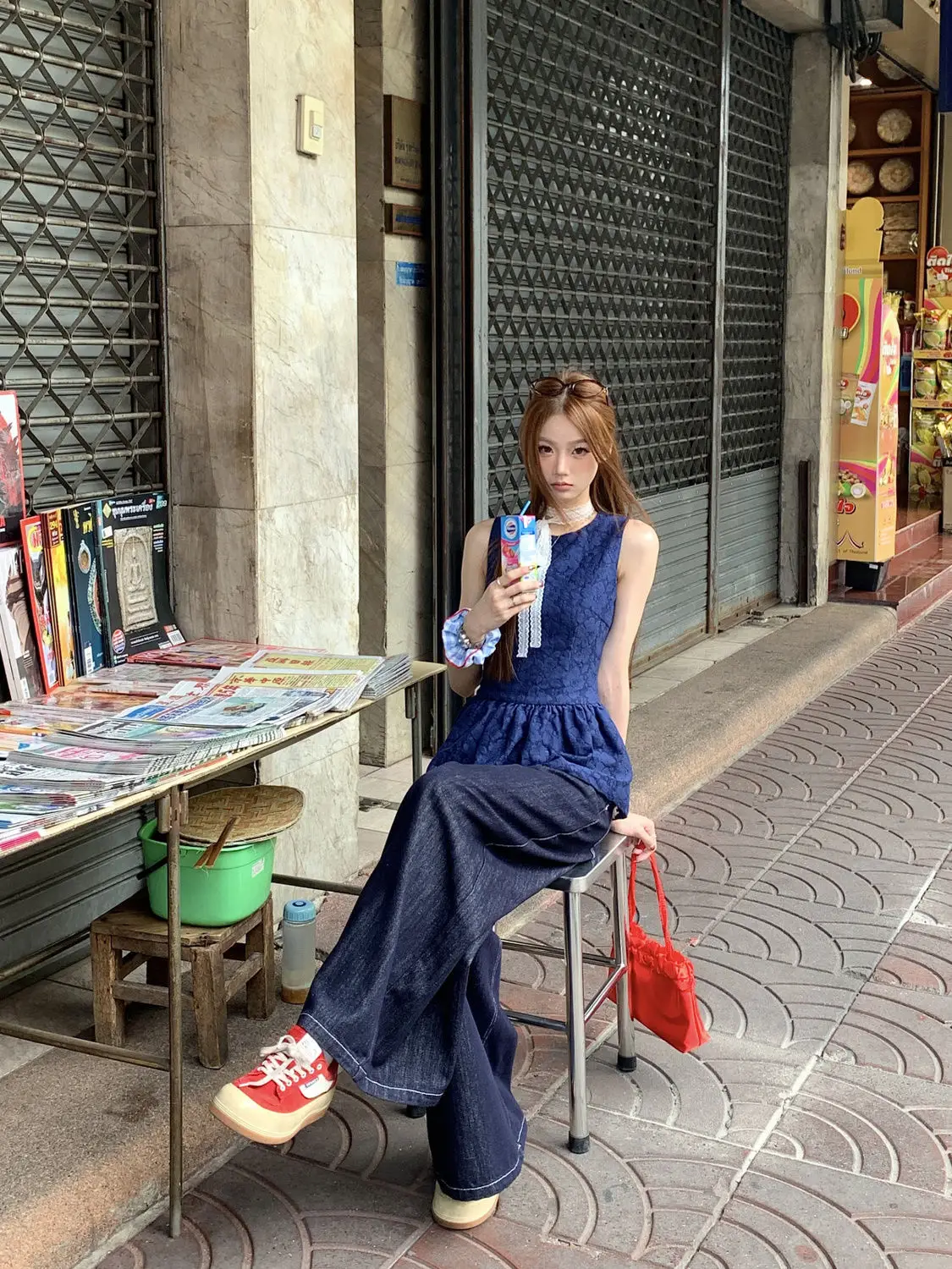 Women Dark Blue Wide Leg Denim Pants Korean Style — feature 30