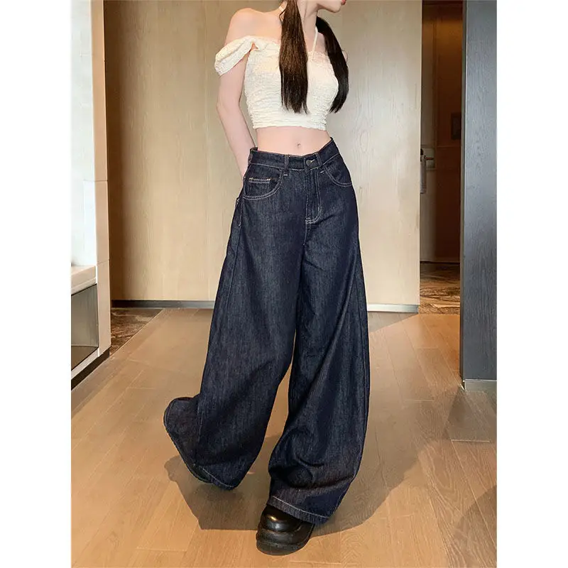 Dark Blue Wide Leg Jeans Women Slim Fit High Waist 2025