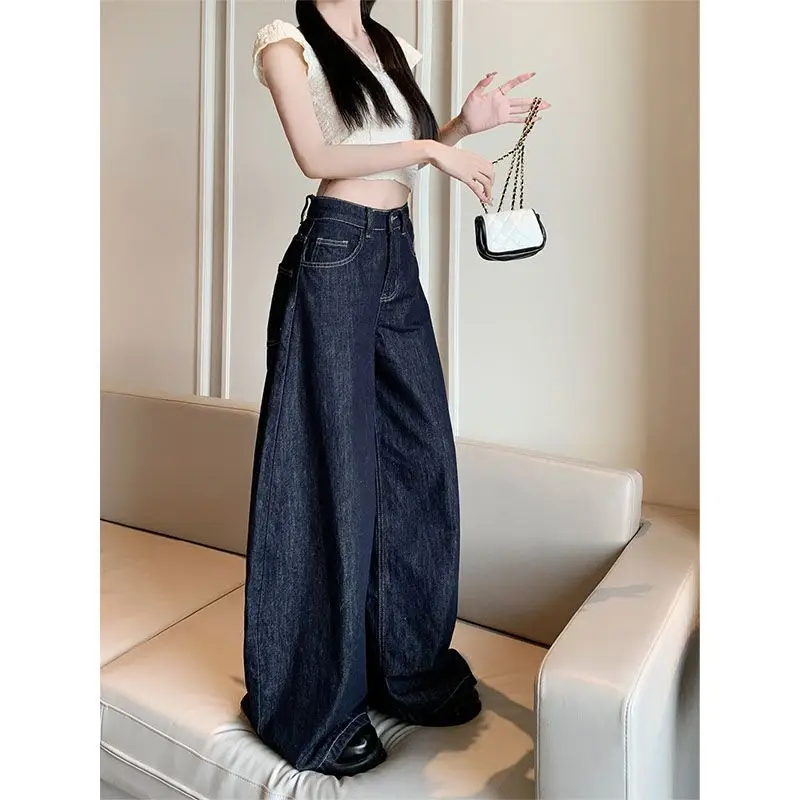 Dark Blue Wide Leg Jeans Women Slim Fit High Waist 2025
