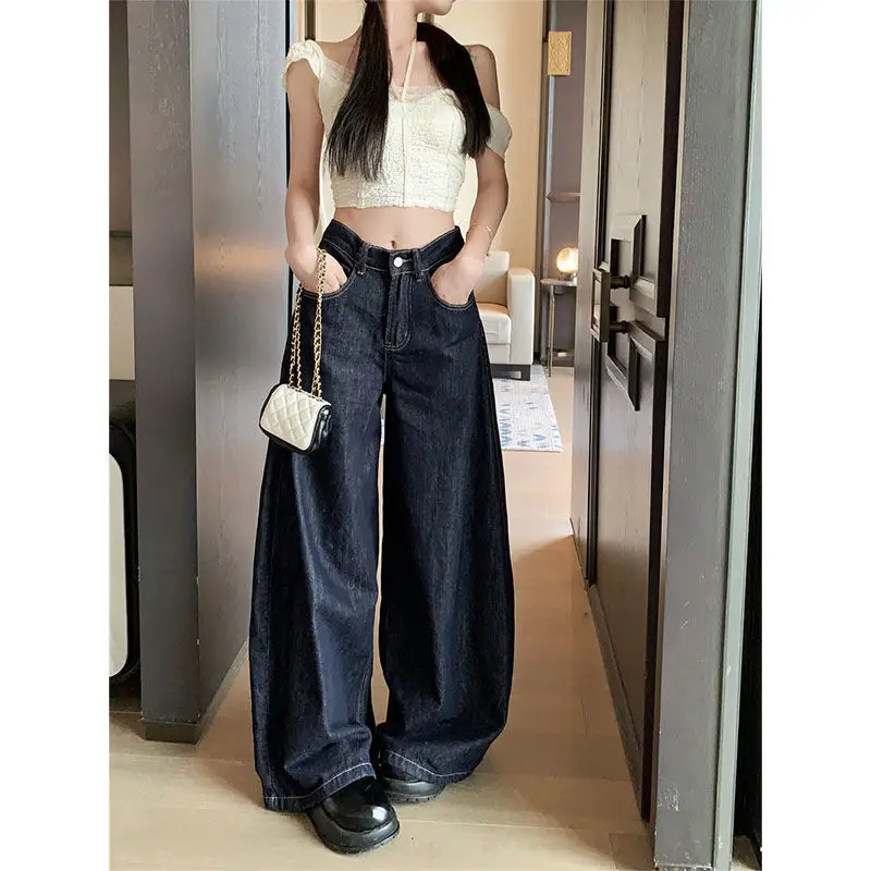 Dark Blue Wide Leg Jeans Women Slim Fit High Waist 2025
