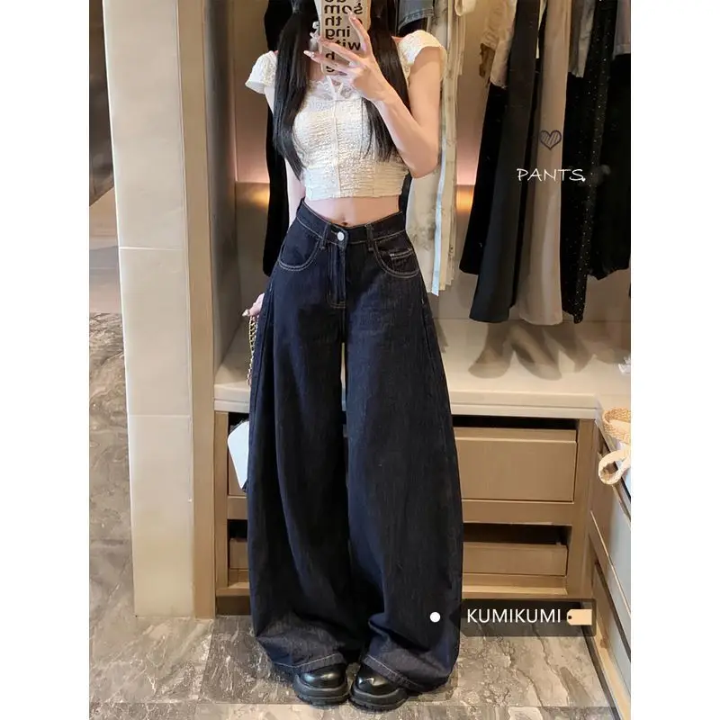 Dark Blue Wide Leg Jeans Women Slim Fit High Waist 2025