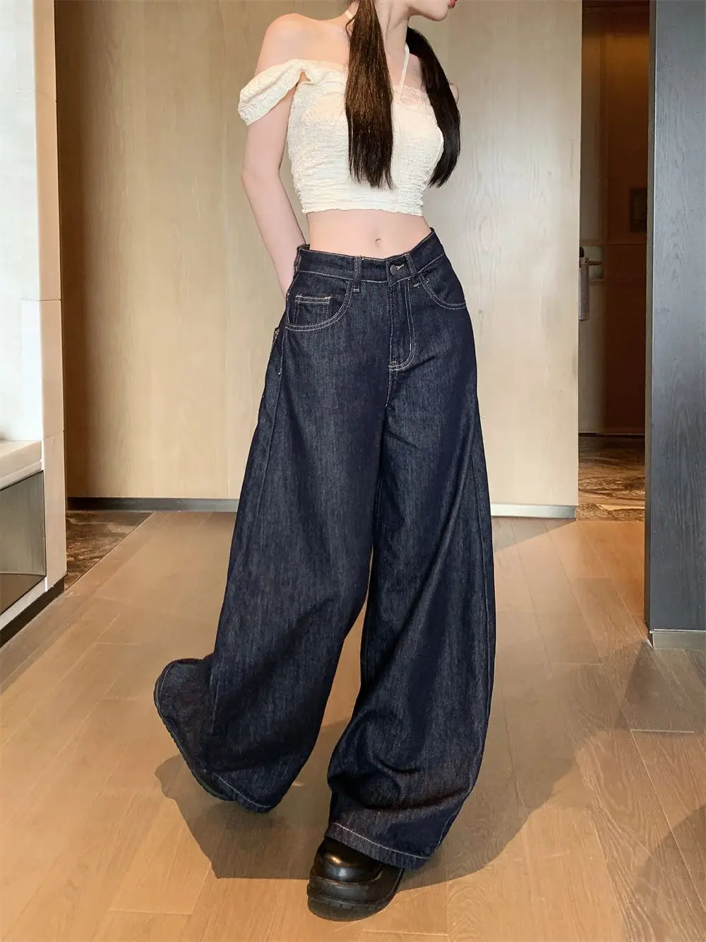 Dark Blue Wide Leg Jeans Women Slim Fit High Waist 2025 — feature 12