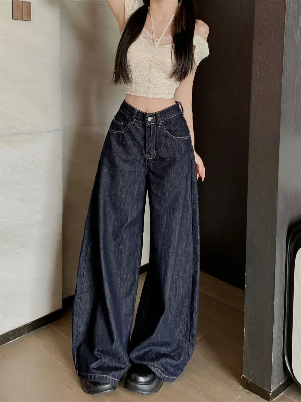 Dark Blue Wide Leg Jeans Women Slim Fit High Waist 2025 — feature 2