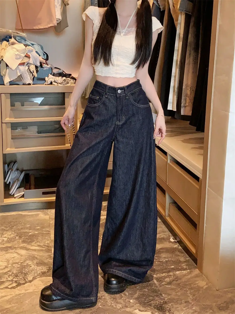 Dark Blue Wide Leg Jeans Women Slim Fit High Waist 2025 — feature 4