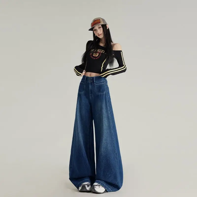 Slimming Jeans Dark Blue Wide Leg Pants Stretch Women 2025